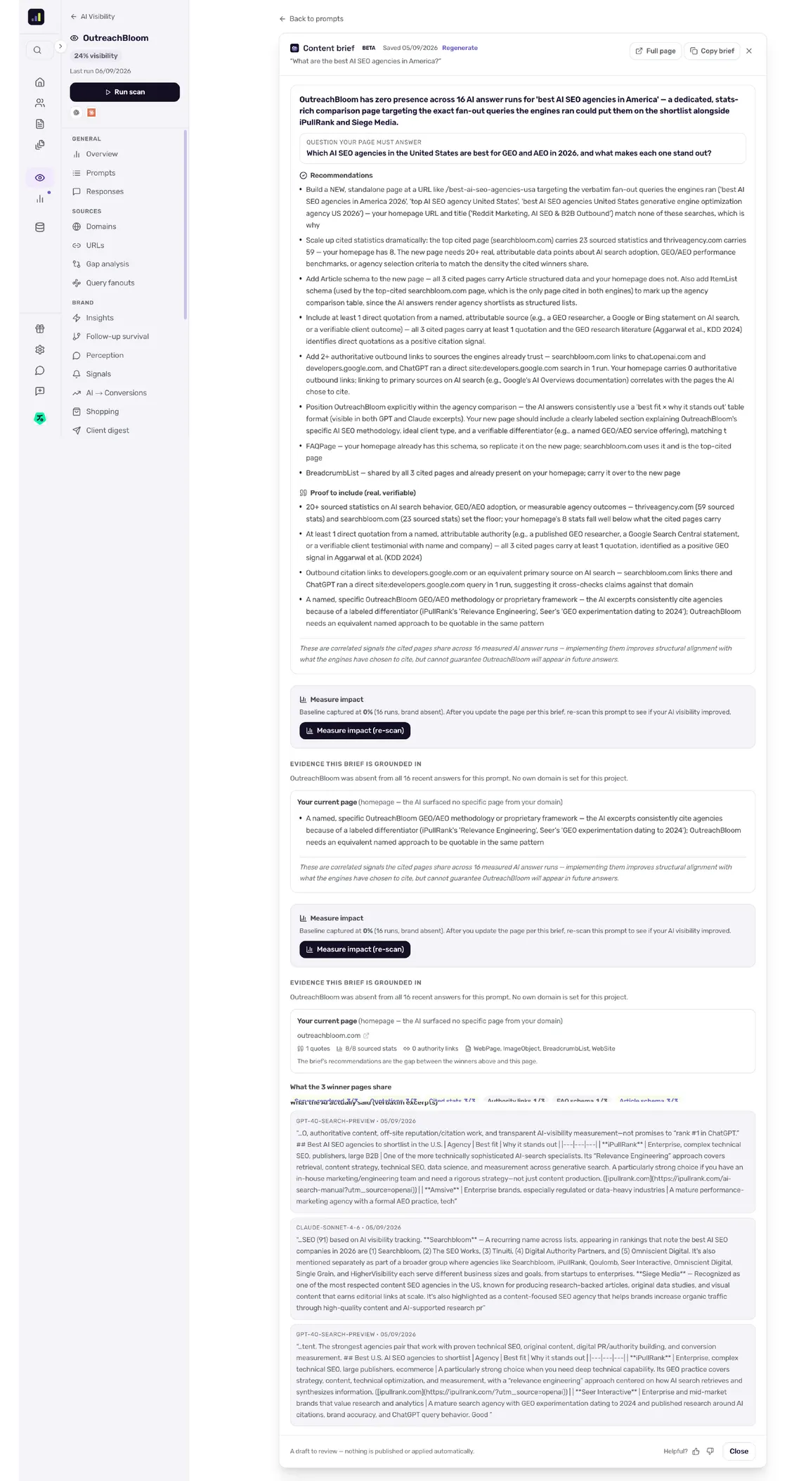 A real generated content brief: verdict, target question, grounded recommendations, page structure, schema and proof to include, with the evidence it is derived from