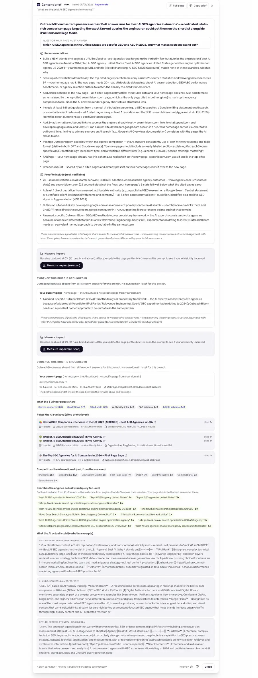 Ein echtes generiertes Content Brief: Befund, Zielfrage, fundierte Empfehlungen, Seitenstruktur, Schema und Belege — mitsamt der zugrunde liegenden Evidenz